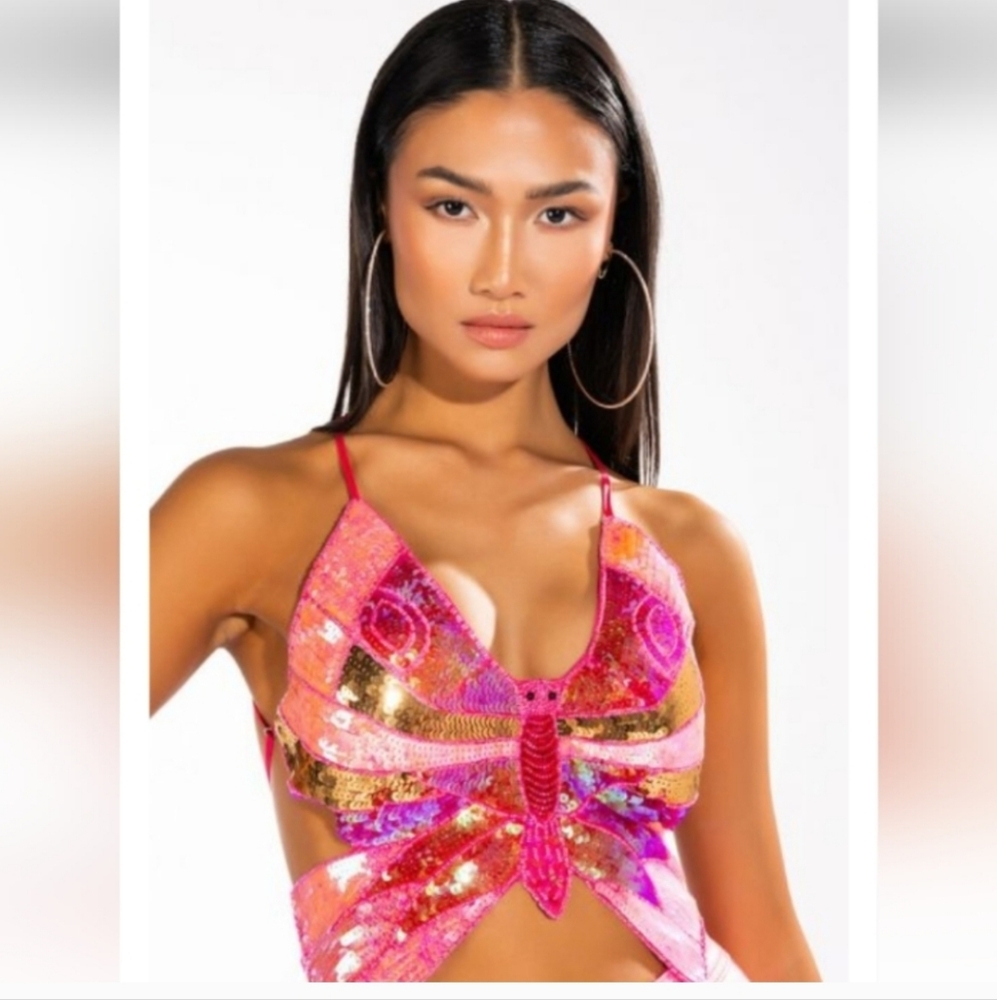 Sequin Butterfly Halter Crop Top